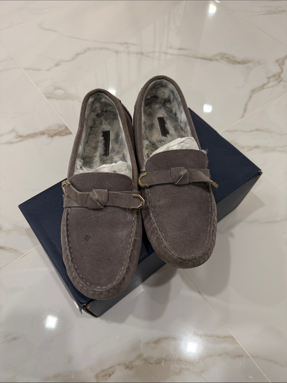 Cole haan evelyn bow driver Gray Suede Lined Moccasins flats loafers